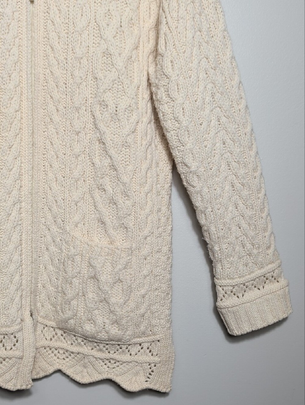 Inis Crafts 100% Merino Wool Cable Knit Long Full Zip Cardigan Sweater Medium - Picture 7 of 14